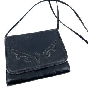 Vintage black leather cross Body purse bag‎ shoulder bag Tooled mid century
